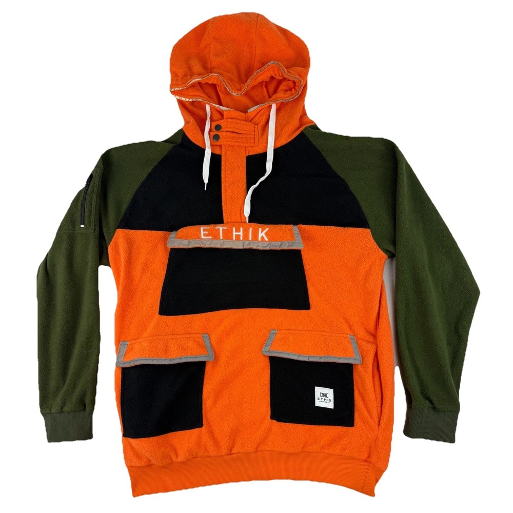 ETHIK Clothing Co ANORAK 1/4 Zip Pullover HOODIE‎ Sz Large Sweatshirt Orange Y2K